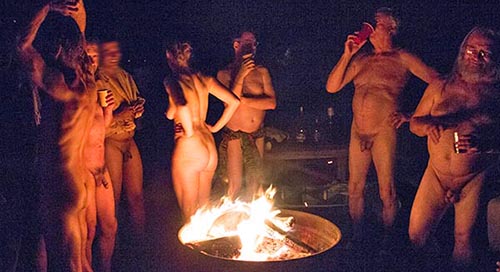 naked bodies by the fire pit